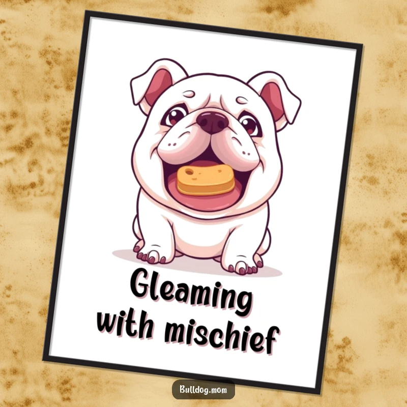 Funny Kawaii Bulldog digital art print with a mischievous gleam, attempting to balance a treat on its nose, perfect for clever and humorous decor.