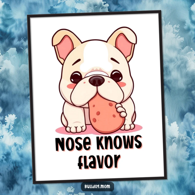 Funny Kawaii Bulldog Digital Art Print of a dog nudging a treat, perfect for printable wall decor and humorous accents.