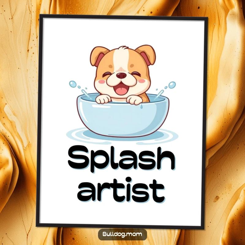 Funny bulldog cub digital art print of a giggling puppy splashing water in a bowl, radiating pure, wet joy and playful humor for instant download.