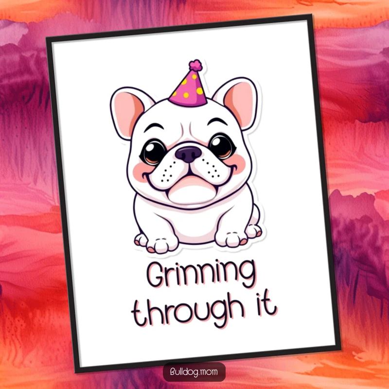 Funny Kawaii Bulldog digital art print, high resolution, depicting a dog in a party hat with a goofy grin, perfect for humorous festive decor.