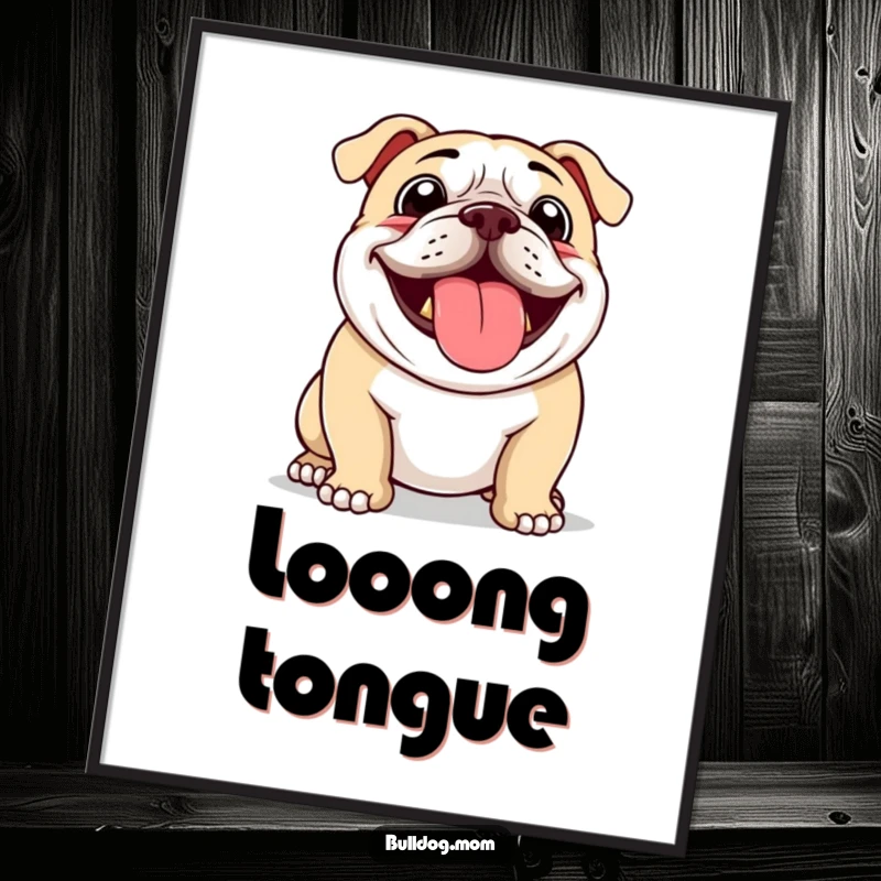 Funny digital art print of a bulldog panting with a floppy tongue, capturing a moment of pure, unadulterated joy.