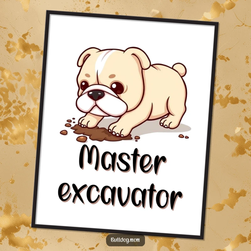 Funny Kawaii Bulldog Digital Art Print: A high-resolution image of a cute bulldog energetically digging.