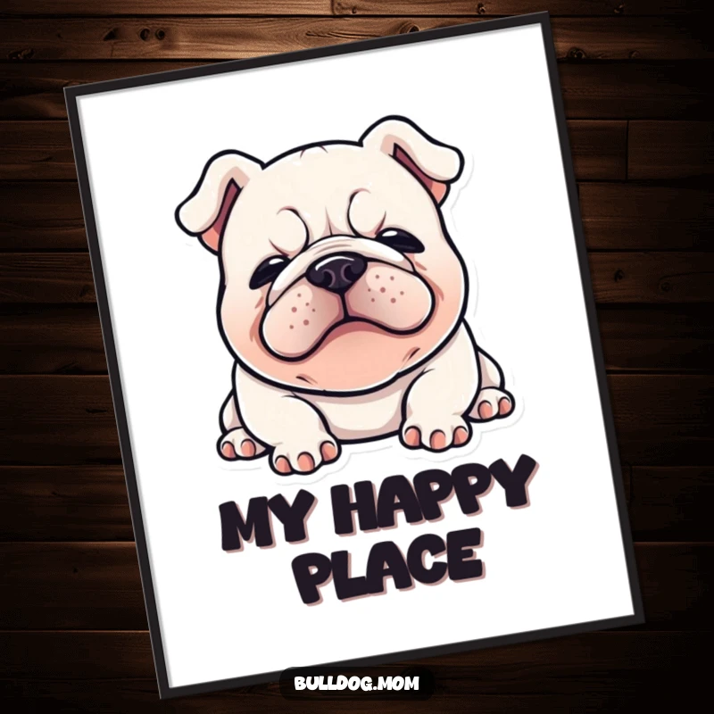 Funny Kawaii Bulldog digital art print of a happy bulldog flopped down with a satisfied sigh, embodying ultimate relaxation and joy.