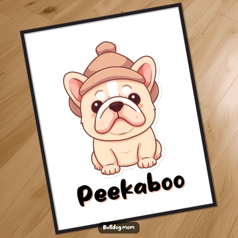 Funny Bulldog pup digital art print of a cute puppy peeking out from under a small hat, offering instant downloadable humor and charm.