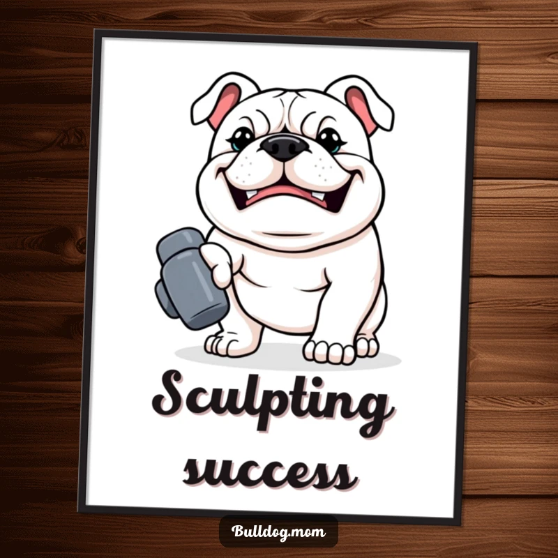 Funny Kawaii Bulldog Digital Art Print, a strong dog with a determined grin carrying a tiny dumbbell, humorous and downloadable artwork.