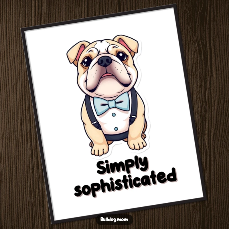 Funny digital art print of a bulldog wearing a tiny bow tie and suspenders, conveying dapper charm and sophisticated humor.