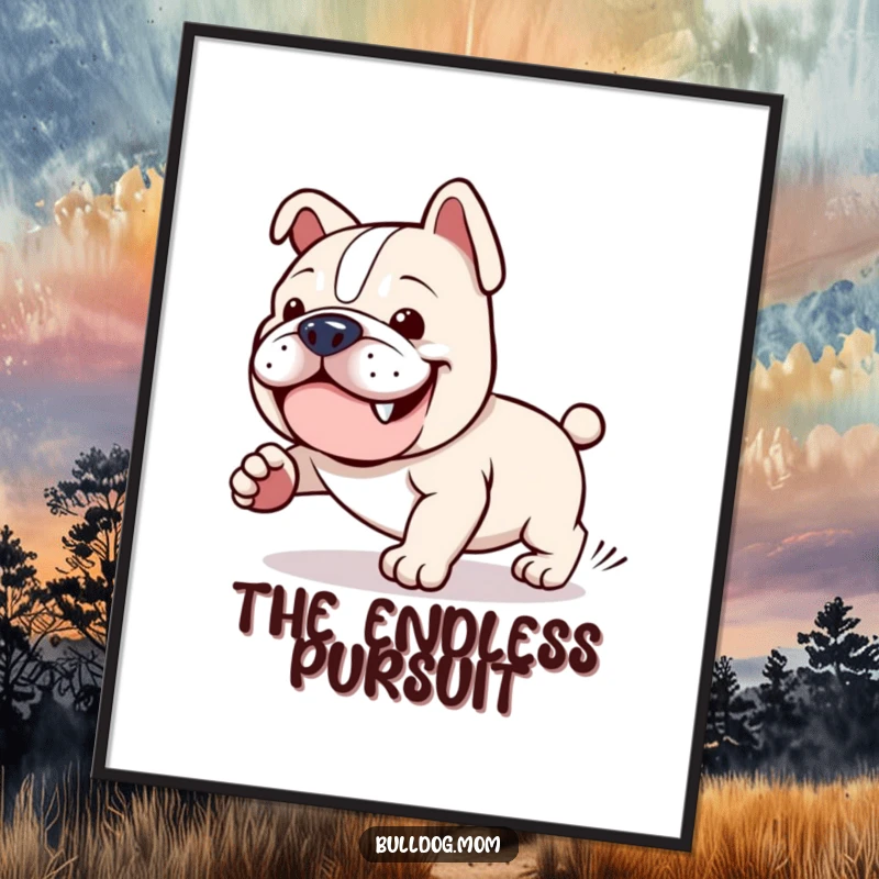 Funny Kawaii Bulldog Digital Art Print: A determined bulldog comically chasing its tail, capturing endless playful energy for decor.