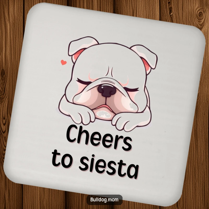 Funny Kawaii bulldog coasters (set of 4) showing a content dog sighing as it settles down for a nap, perfect for protecting surfaces.