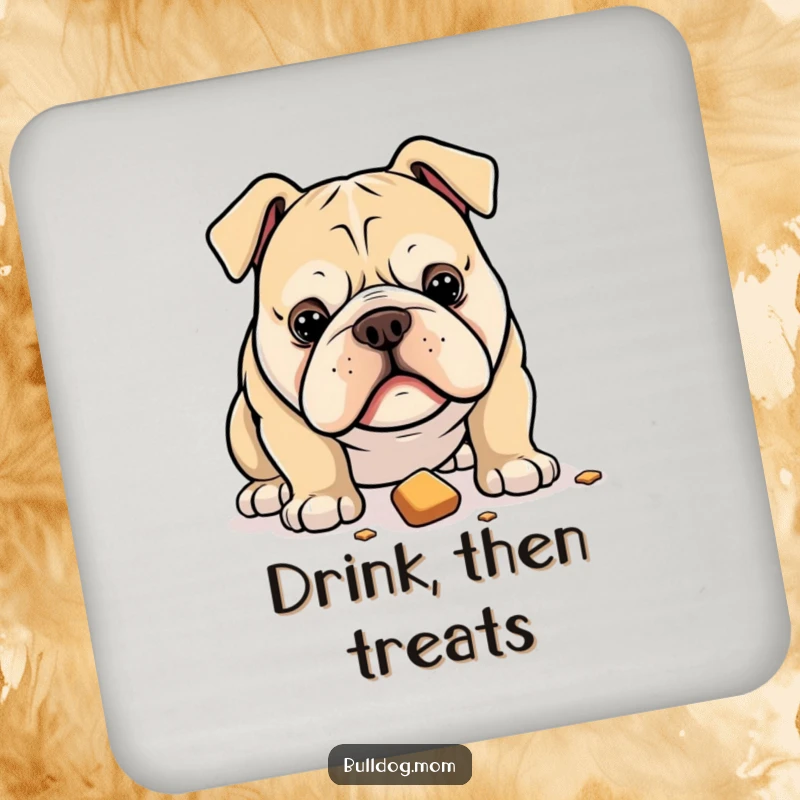 Funny coaster with a bulldog intensely staring at a dropped treat, adding a humorous and focused touch to drink service.