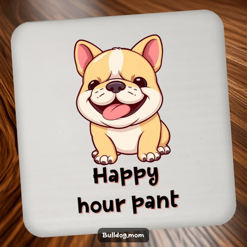 Funny bulldog cub coaster design: a happy puppy panting with a determined grin, bringing a smile to your surfaces.