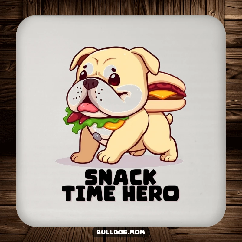 Funny drink coaster featuring a happy bulldog waddling with a large sandwich, a humorous addition to any table.