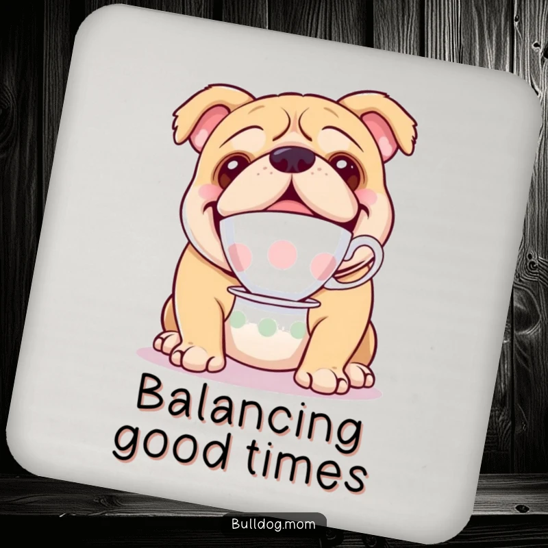 Funny drink coaster featuring a happy bulldog balancing a teacup on its nose, a sophisticated addition to any table.