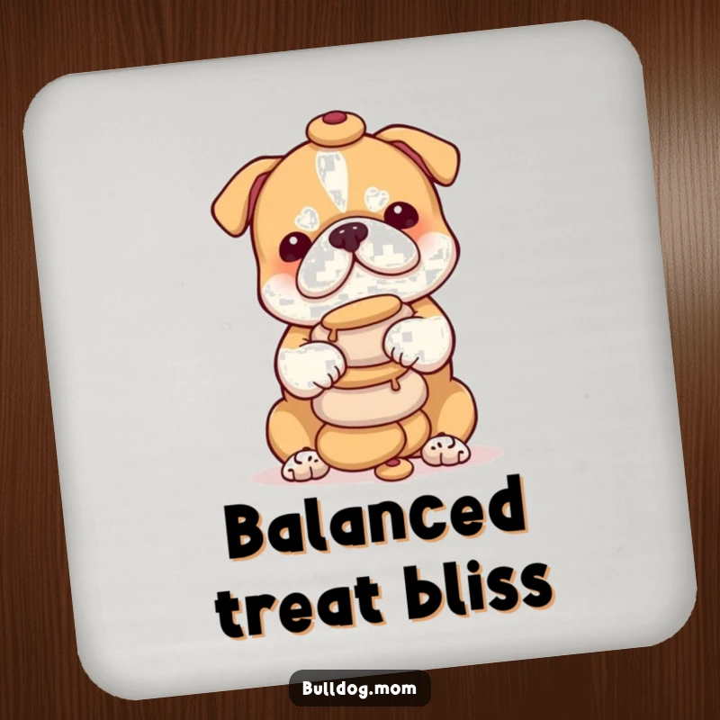 Funny bulldog cub coaster design: a sweet puppy concentrating on balancing a tower of small treats, adding humor to your tabletop.