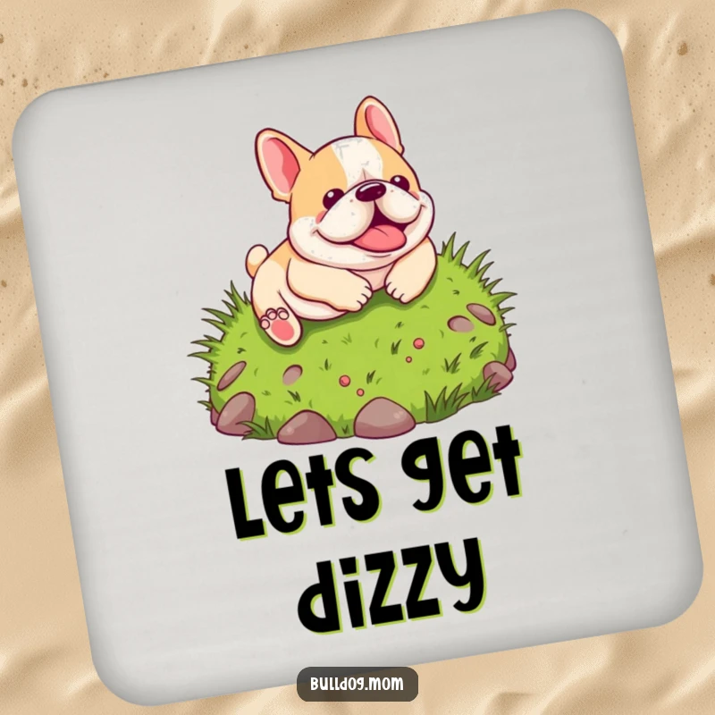 Funny Kawaii Bulldog Coasters: A set of cheerful coasters featuring a cartoon bulldog playfully rolling down a green hill, adding humor to drinks.
