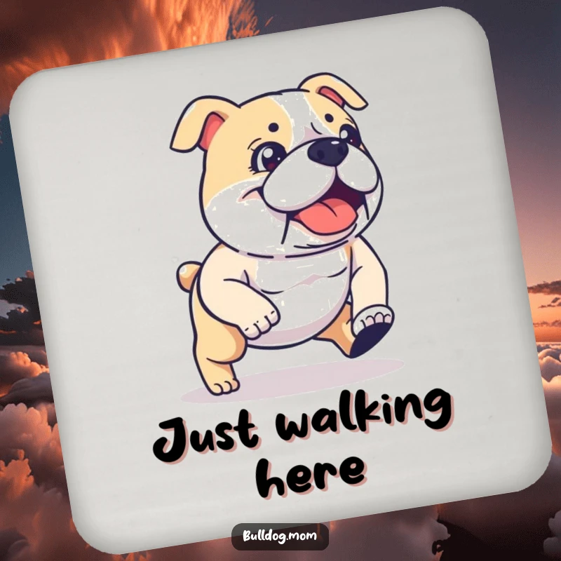 Funny kawaii Bulldog drink coaster showcasing a determined, energetic stride, perfect for table protection and a funny gift. Humorous home accessory.