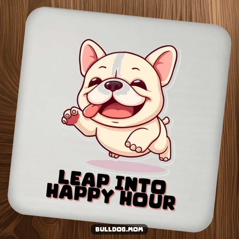 Funny Kawaii Bulldog Drink Coaster: A cute bulldog mid-clumsy leap, providing humorous protection for tabletops with energetic flair.