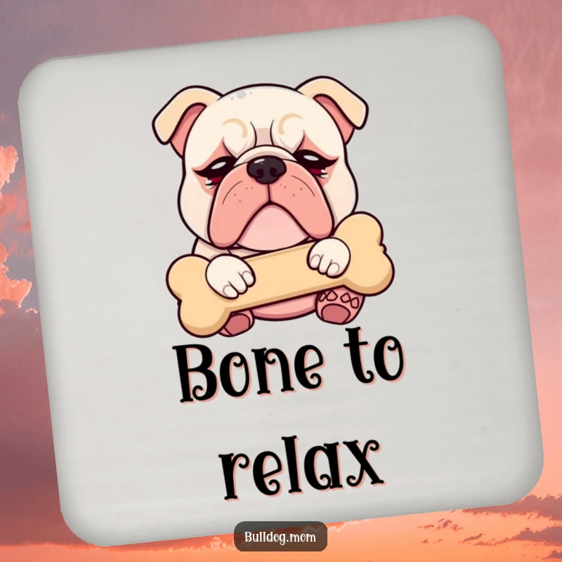 Funny Kawaii Bulldog coaster with droopy eyes, blissfully cuddling a plush bone, guarding surfaces with cute humor.