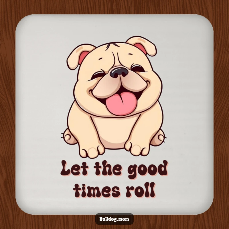 Funny Kawaii bulldog coaster featuring a cute, squishy dog happily snorting and rolling over, adding humor to drinks.