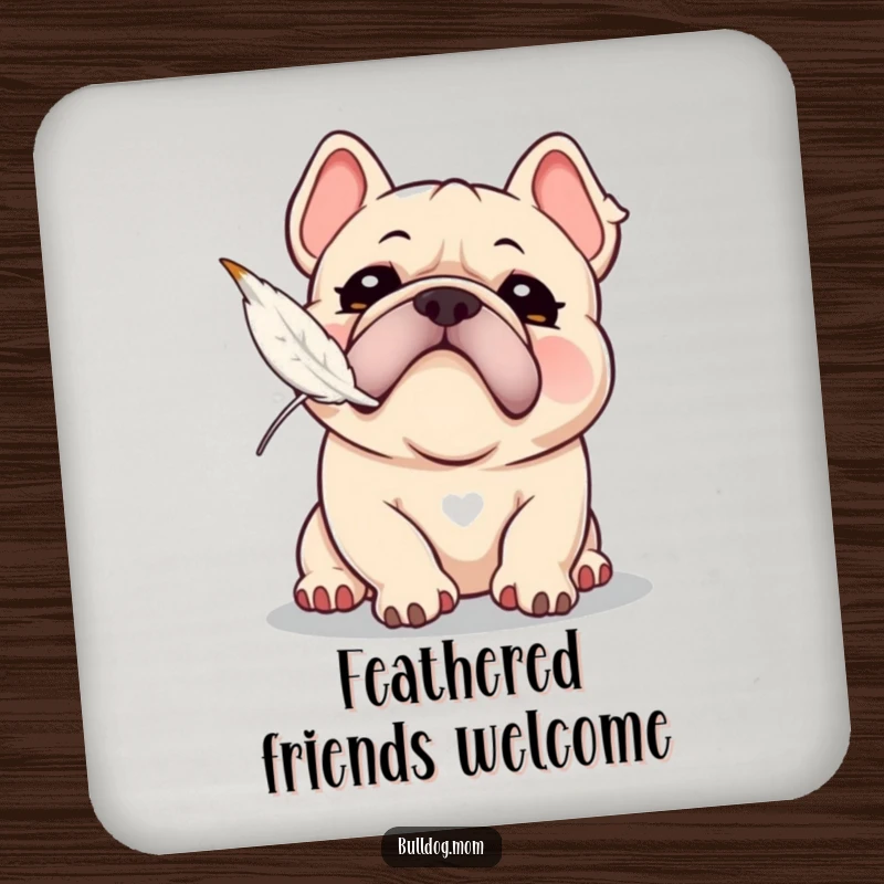 Funny Kawaii Bulldog coaster with a playful snort, attempting to catch a floating feather, protecting surfaces with humor.