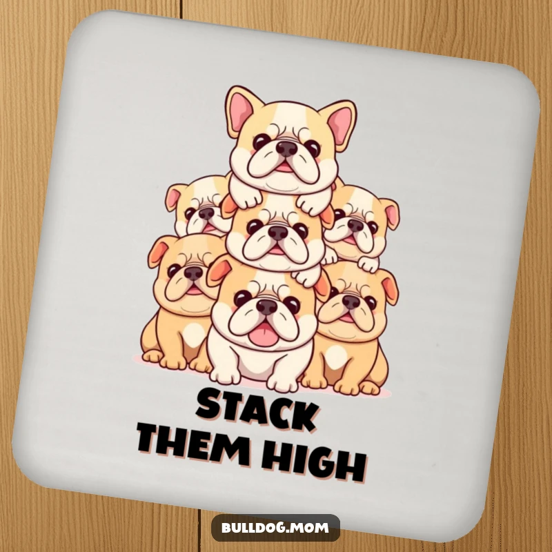 Funny Kawaii bulldog coaster featuring a stack of cute dogs piled contentedly, adding humor to drink service.