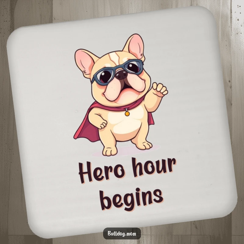 Funny Kawaii Bulldog coaster wearing a tiny superhero cape, striking a funny pose, guarding surfaces with heroic charm.