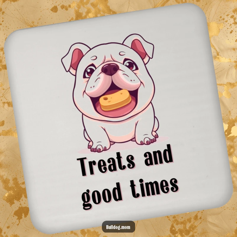 Funny Kawaii Bulldog coaster with a mischievous gleam, attempting to balance a treat on its nose, guarding surfaces with clever humor.