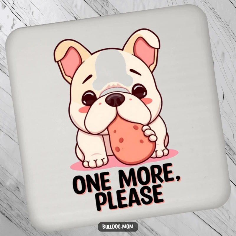 Funny Kawaii Bulldog Coaster set with a dog nudging a treat, adding humorous charm and surface protection.