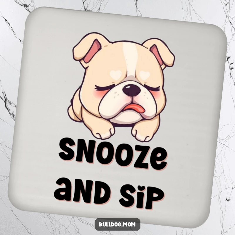 Funny Drink Coasters showcasing a sleepy Kawaii bulldog with its tongue peeking out, dreaming, perfect for adding humorous protection.
