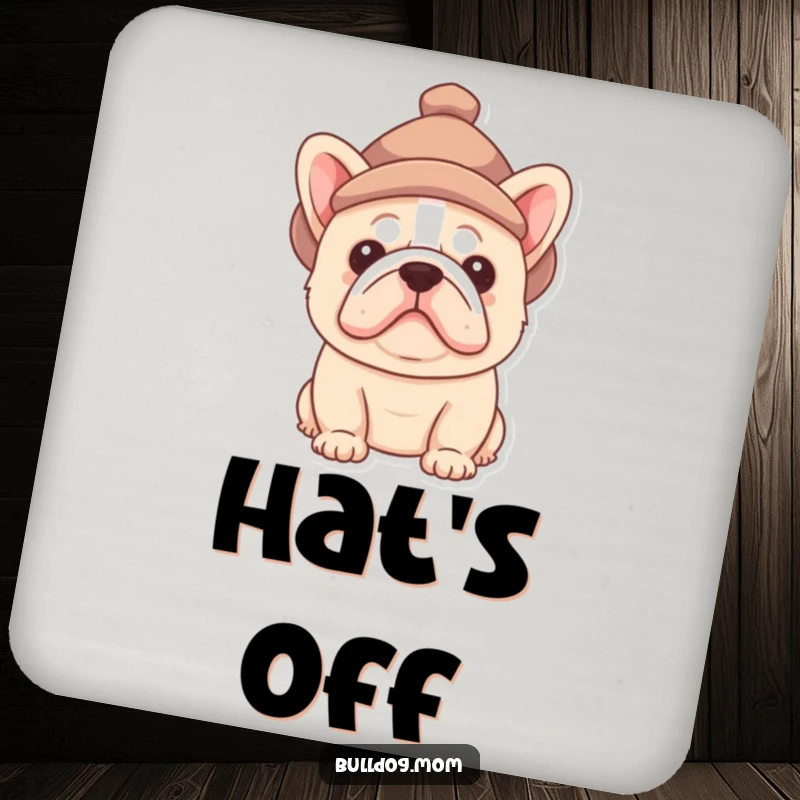 Funny Bulldog pup coaster showing a cute puppy peeking out from under a small hat, protecting surfaces with puppy charm.