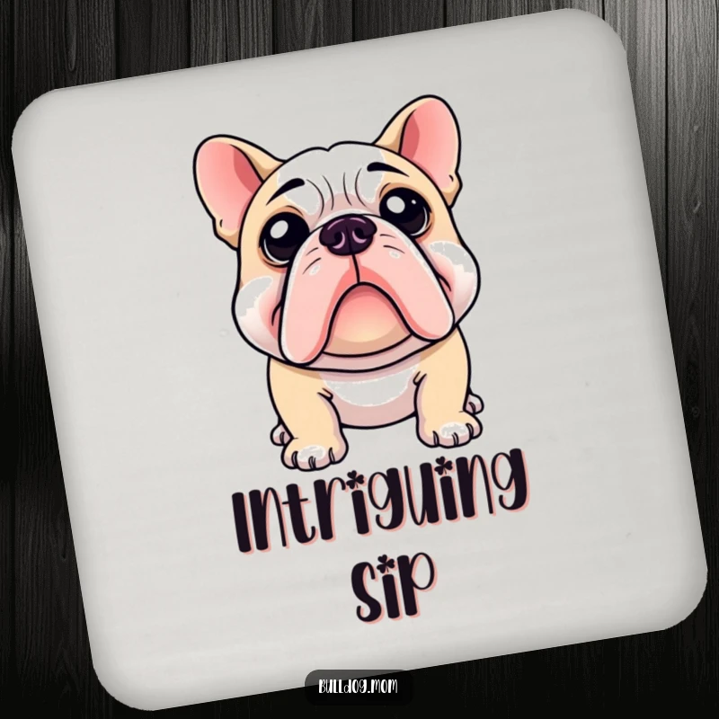 Funny coaster featuring a bulldog with a curious head tilt, adding a humorous and thoughtful touch to drink protection.