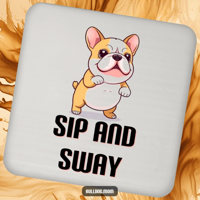 Funny Drink Coasters displaying a Kawaii bulldog caught in a happy wiggly dance, its tail wagging, adding humor to every sip.