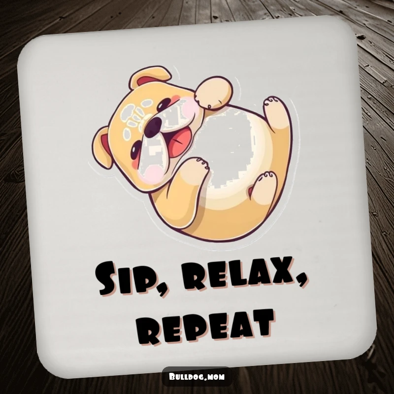 Funny Kawaii Bulldog Coaster set showing a dog rolling playfully, protecting surfaces with humor and adorable design.