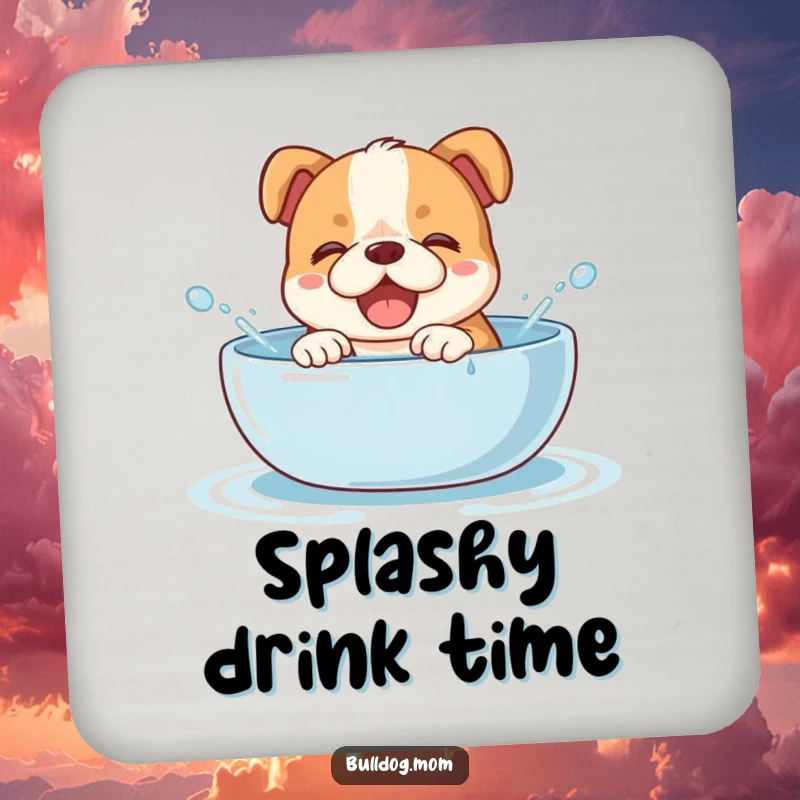 Funny bulldog cub coaster design: a giggling puppy splashing in a water bowl, bringing a wet and wonderful sense of humor to your surfaces.