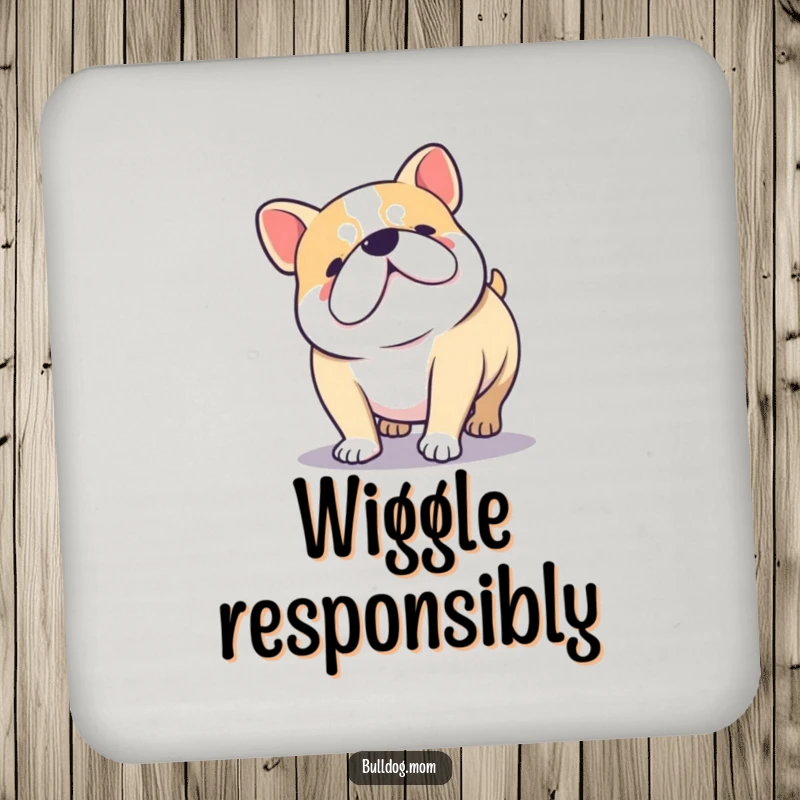 Funny Kawaii Bulldog doing a happy wiggle with stubby legs, a humorous and protective drink coaster.