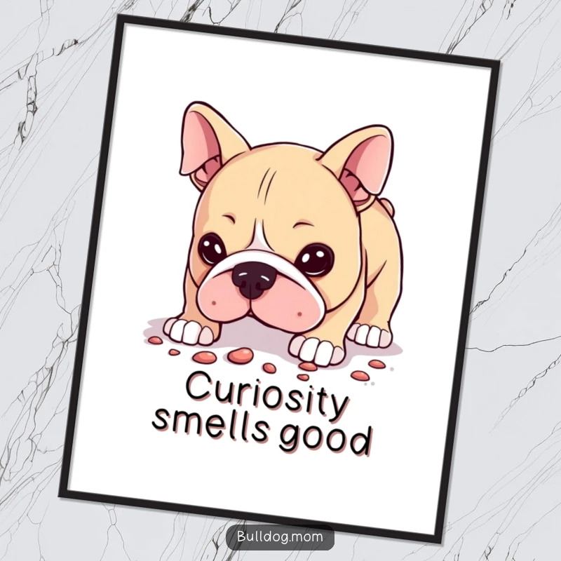 Funny Poster capturing a Kawaii bulldog in a humorous pose, intently sniffing the ground, conveying a strong sense of canine curiosity.