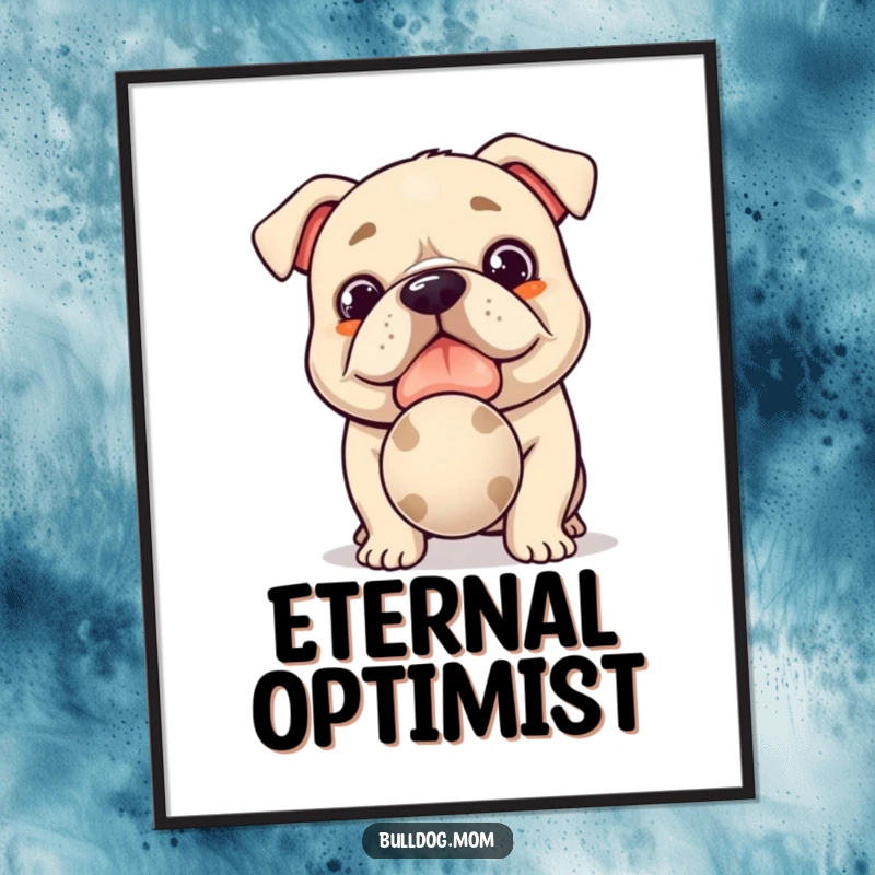 Funny Kawaii Bulldog Poster: High-quality print of a cute, hopeful dog offering a slobbery ball, excellent funny wall art.