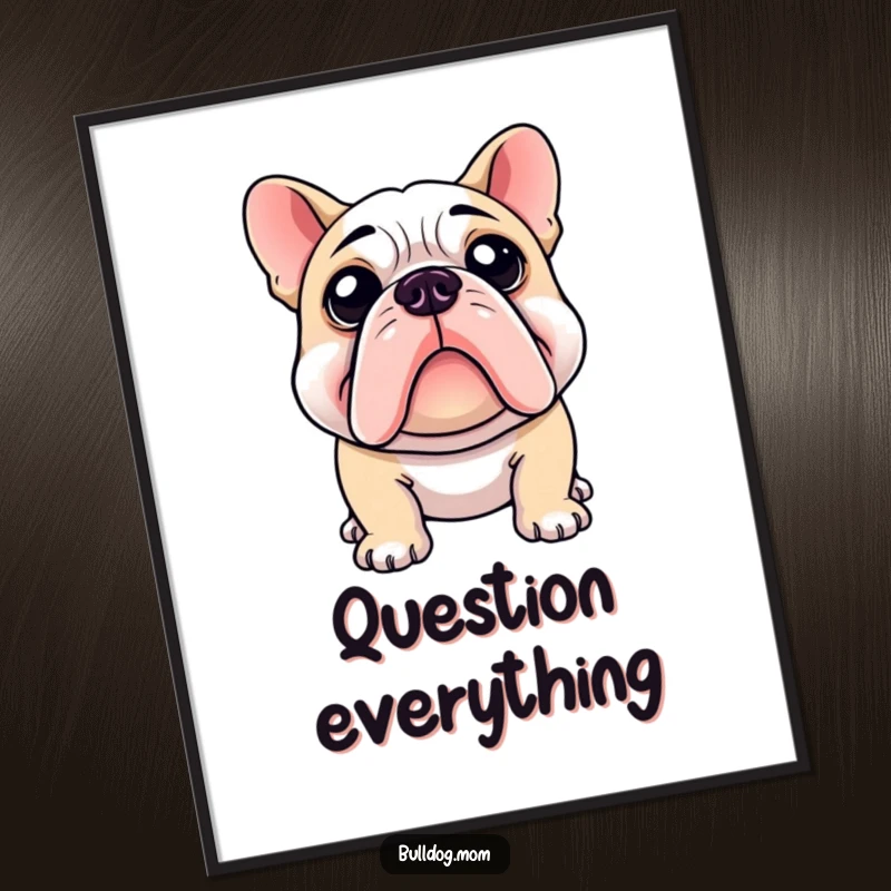 Funny poster of a bulldog with a captivating, curious head tilt, observing something with humorous fascination.