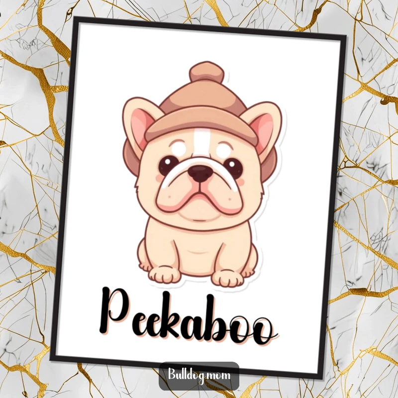 Funny Bulldog pup poster showing a fluffy puppy peeking out from under a comically small hat, perfect for adding charm.
