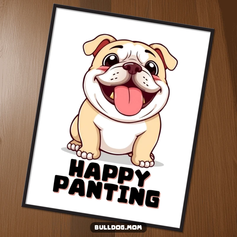 Funny poster of a bulldog panting with a lolling tongue, embodying pure, enthusiastic happiness.