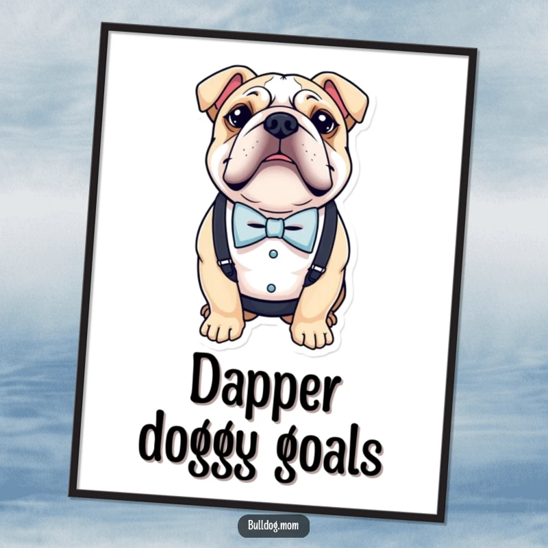 Funny poster of a bulldog wearing a small bow tie and suspenders, exuding dapper charm and playful sophistication.