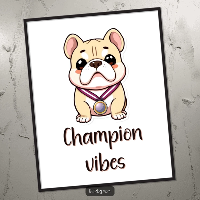 Funny poster of a proud bulldog proudly displaying a shiny medal, a humorous and inspiring piece of wall art.