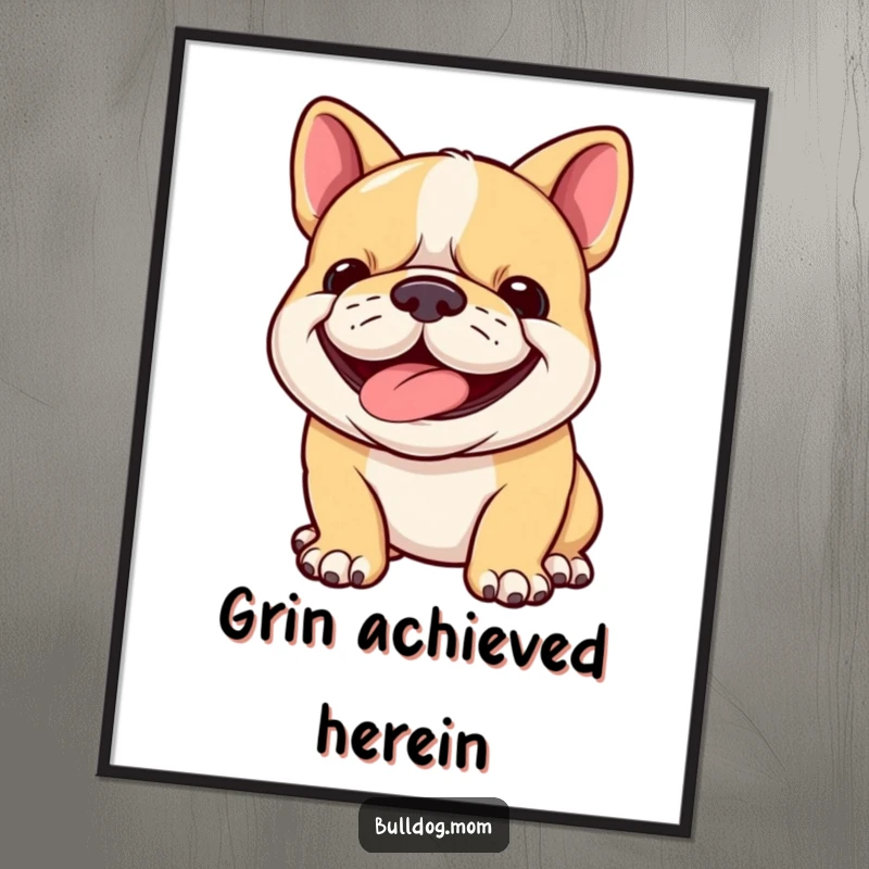 Funny bulldog cub poster print of a content puppy panting with a wide, happy grin, radiating infectious enthusiasm and charm.