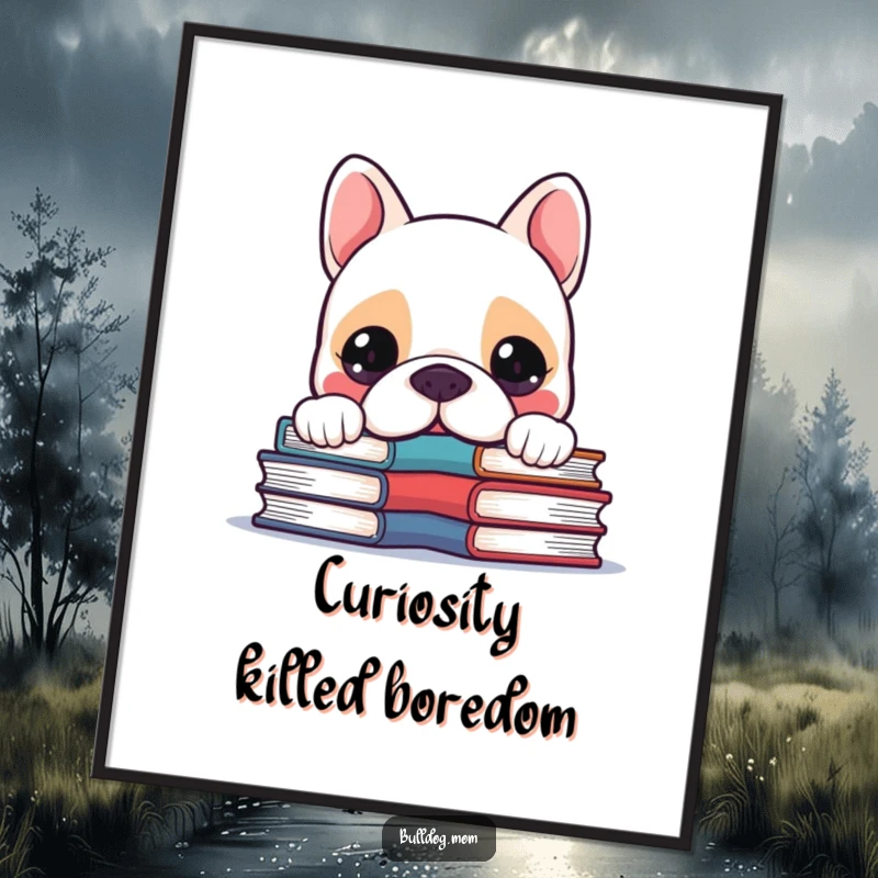 Funny Kawaii Bulldog peeking inquisitively over a tall, wobbly stack of books, humorous wall art.