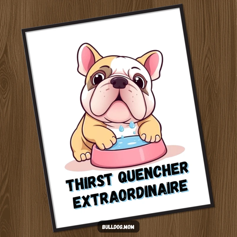 Funny Kawaii bulldog poster depicting a cute dog enthusiastically chugging water from its bowl, perfect for dog-themed decor.