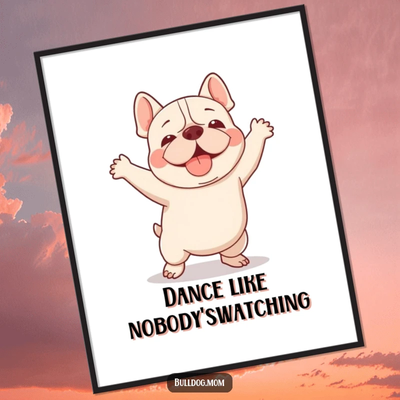 Funny Kawaii Bulldog poster of a dog doing a clumsy but adorable happy dance, capturing pure joy for wall decor.