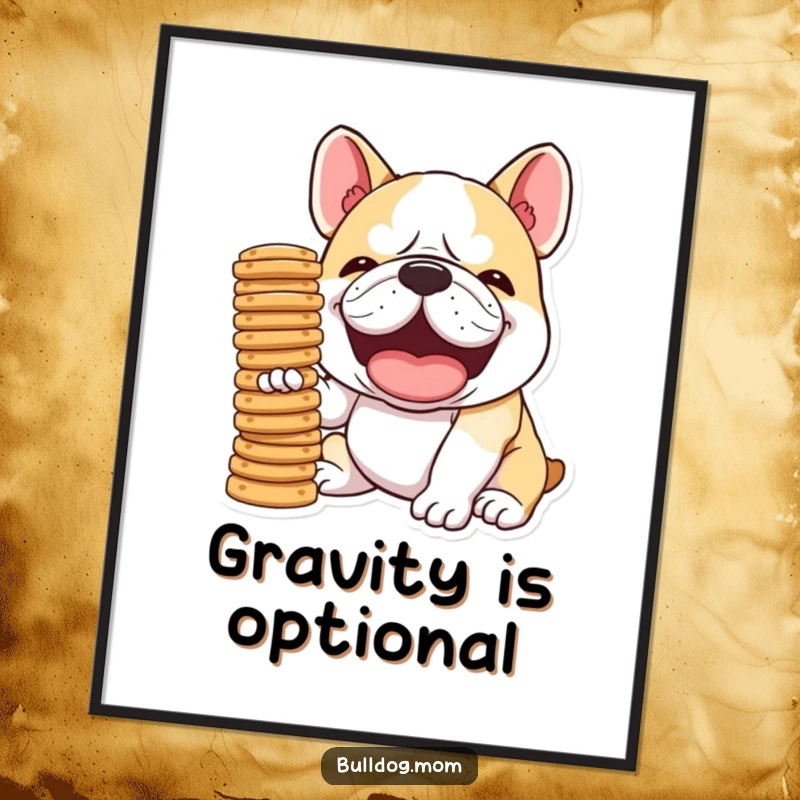 Funny Kawaii Bulldog poster showing a cute dog laughing hysterically while trying to balance a tall stack of biscuits, a humorous and appetizing scene.