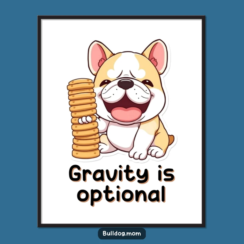 Funny Kawaii Bulldog Poster, Whimsical Biscuit Balance Art for Decor