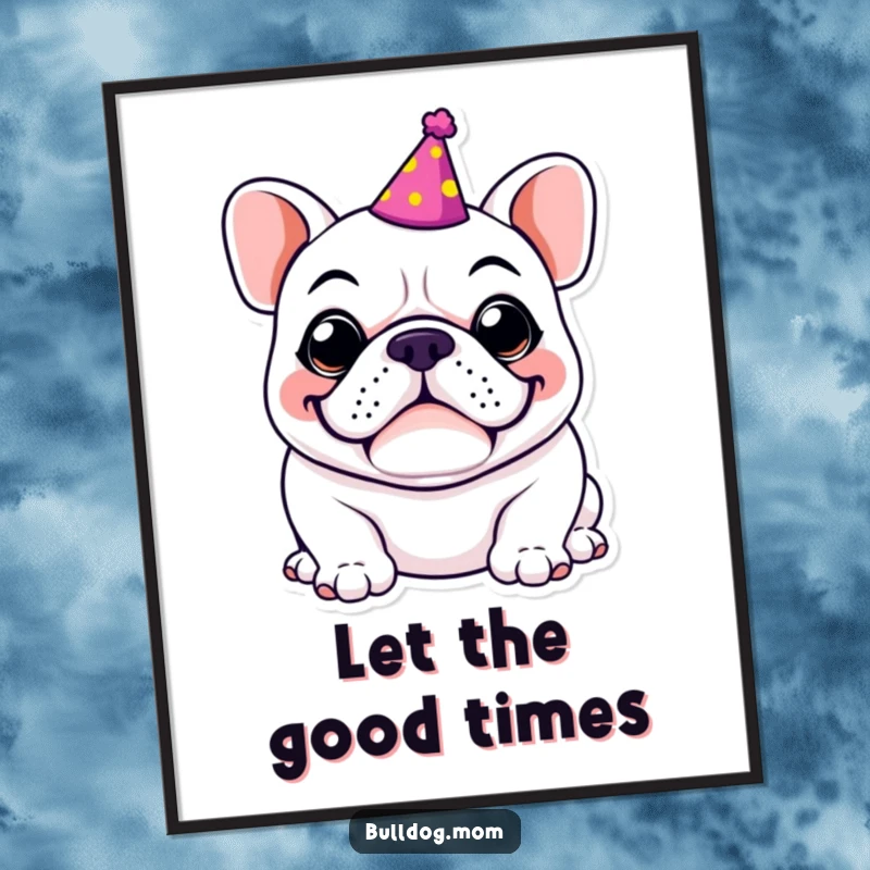 Funny Kawaii Bulldog poster showcasing a cute dog with a tiny party hat and a wide, goofy grin, radiating infectious, humorous celebration.