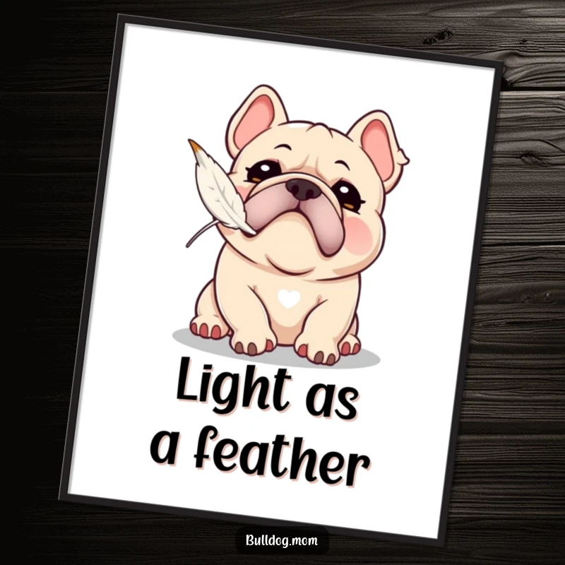 Funny Kawaii Bulldog poster with a playful snort, attempting to catch a floating feather, depicting energetic and humorous pursuit.
