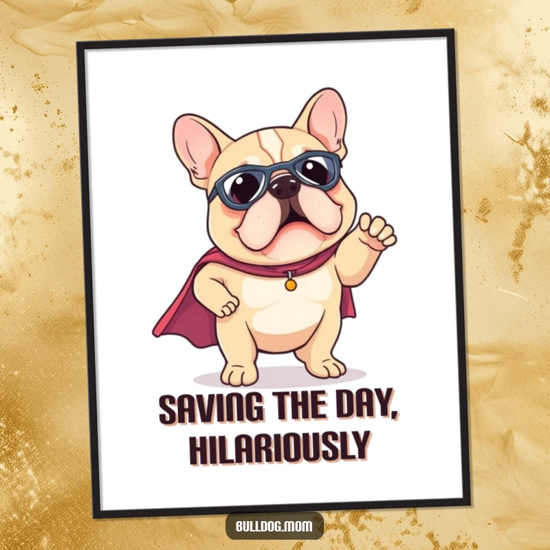 Funny Kawaii Bulldog poster wearing a tiny superhero cape, striking a funny pose, inspiring heroism and humor.